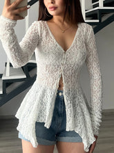 Elegant Lace V Neck Button Up Ruffles Slim Blouse